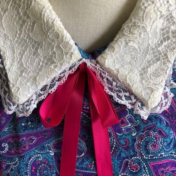 Vintage 80’s Paisley Lace Collar Dress Purple sz10 - Picture 5 of 16